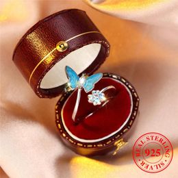 Cluster anneaux mignonnes femelles papillons ouverts anneau ajusté vintage réel 925 Bijoux de mariage en argent sterling pour les femmes