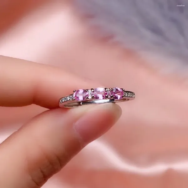 Anillos de racimo lindo anillo de zafiro rosa para niña total 0.6ct 3 mm 4 mm plata natural 18 k chapado en oro 925 joyería
