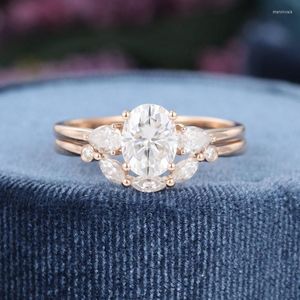 Anillos de racimo CxsJeremy Sólido 14K 585 Oro rosa 1.5ct 6 8mm Corte ovalado Moissanite Anillo de compromiso Diamante Nupcial Conjunto para mujer Regalo de boda