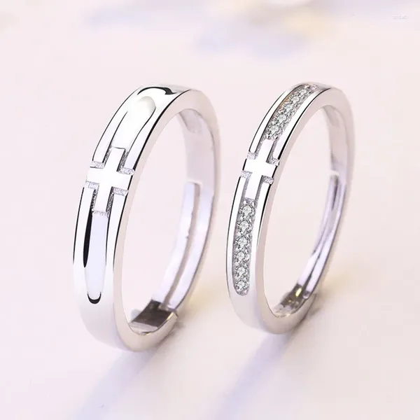 Anneaux de cluster Cyj européen S925 Sterling Silver CZ Cross Couple Bague réglable pour femmes hommes fête d'anniversaire cadeau de mariage bijoux