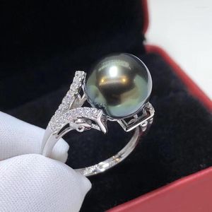 Cluster Rings D319 Pearl Ring Fine Jewelry Solid 14K Gold 11-12mm Round Natural Ocean Sea Tahiti Black Pearls Femme