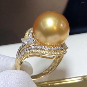 Clusterringen D429 Fijne sieraden 14K Goud 12-13mm Natural Ocean Sea Water Golden Pearl For Women Pearls Gifts Lady