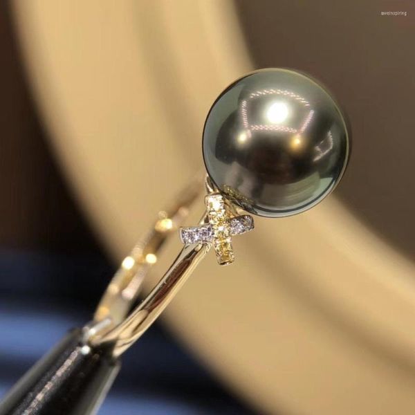 Bagues en grappe D513 Bague en perles Bijoux fins Or massif 18 carats Rond 10-11 mm Diamants Nature Eau de mer Paon Vert Tahiti Perles noires