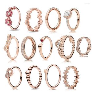 Anillos de racimo Margarita Flor PAN Anillo de corazón de oro rosa para mujeres Chica Pajarita Corona Joyería de dedo Boda Día de San Valentín Gfit