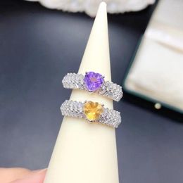 Anillos de racimo anillo de piedra preciosa natural deslumbrante para compromiso de 6 mm forma de corazón amatista citrine 925 plata con 3 capas 18 km chapado en oro