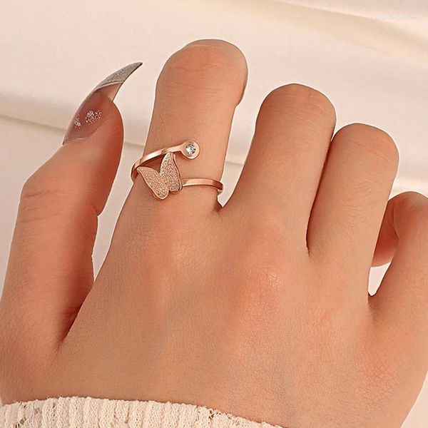 Anillos de racimo delicado anillo de mariposa esmerilado para mujeres de moda doble capa ajustable circón joyería regalos artículos de pareja 2024