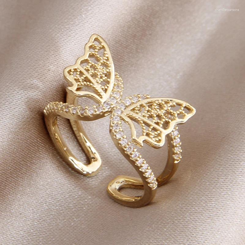 Anéis de cluster jóias delicadas perfuradas borboleta zircônia ajustável para mulheres 14k ouro cor presente de noivado