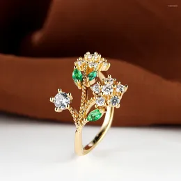 Cluster Ringe Zarte Pflanze Blatt Blume Für Frauen Gold Farbe Grün Weiß Zirkon Stapeln Eheringe Ins Dünne Ring Party schmuck