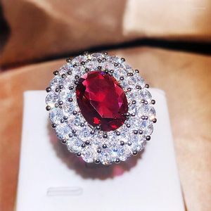 Cluster ringen delicate sterling zilveren dames grote ronde ronde rode ruby ​​zirkon ring dames meisjes huwelijksfeestje jubileum sieraden groothandel