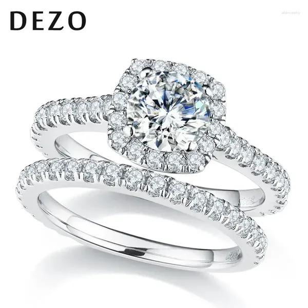 Anillos de racimo DEZO Total 2.18ctw Moissanite Conjunto de boda para mujeres VVS D Color Corte redondo Sólido 925 Plata Laboratorio Creado Compromiso de diamante