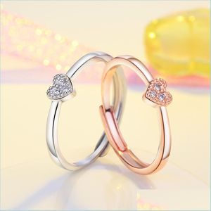 Bagues de cluster Diamant Coeur Forme Bague Bande Doigt Rose Or Réglable Ouvert Sier Bagues de Fiançailles Pour Femmes Bijoux De Mode Drop Del Dhf7C