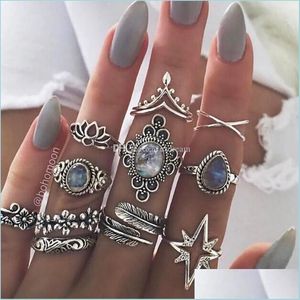 Bagues de cluster Diamond Leaf Star Couronne Anneaux Empilage Midi Knuckle Bague Ensemble de Bijoux Femmes Été Mode Cadeau Drop Livraison Dh5Tp