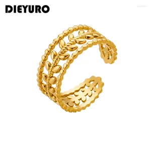 Anillos de racimo Dieyuro 316L Anillo ajustable abierto de acero inoxidable para mujeres Color dorado clásico Oreja de trigo Joyería de fiesta al por mayor