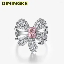 Cluster anneaux Dimingke S925 Anneau de bowknot en diamant rose argenté pour femmes beaux bijoux de mariage de mariage cadeau