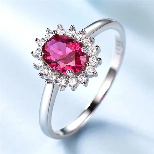 Anillos de racimo DLuxury Nano Ruby Anillo Plata 925 Cubic Zirconia Piedra preciosa para mujeres Vintage Flor Esmeralda Diamon Accesorios de alta calidad