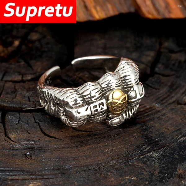 Anillos de racimo Domineering Punk Puño apertura retro Thai Silver Skull Biker Accesorios de los dedos Hombres Símbolo de fortaleza Joyería de moda