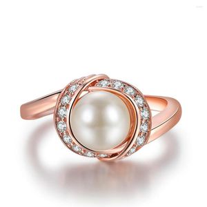 Clusterringen Dubbele Fair Classic Imitatie Pearl Weddingbetrokkenheid voor vrouwen Rose Gold Color Zirkoon vinger ring sieraden DFR670