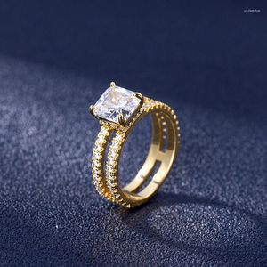 Clusterringen Dubbellaags 14K Gold Ring verwijst naar vier tanden instellen Volledige diamant sieraden vrouwen Men Anillos de Fine Bizuteria 14 K