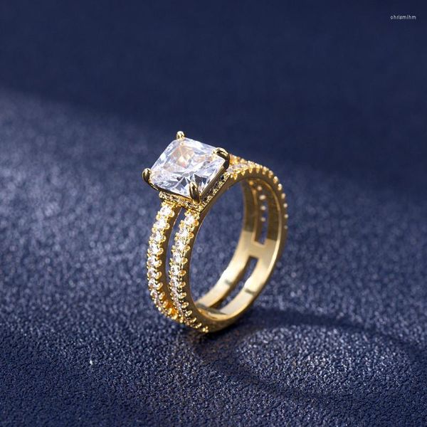 Anillos de racimo El anillo de oro de 14K de doble capa se refiere a la configuración de cuatro puntas Joyas de diamantes completos Mujeres Hombres Anillos De Fine Bizuteria 14 K