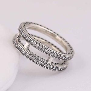 Cluster Rings Double Layers Hearts With Crystal Ring For Women Authentic S925 Sterling Silver Lady Jewelry Girl Birthday Gift