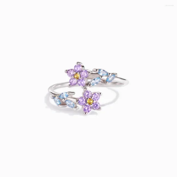 Branche de cluster Double Lilac Purple Cz Flower Ring bleu Cubic Zirconia Leaf 925 STERLING Silver Nature Inspired Jewelry Fomen Women Adjustable