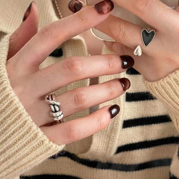 Bagues de cluster double amour coeur ouverture réglable noir argent couleur doigt pour les femmes coréennes style de mode bijoux cadeau