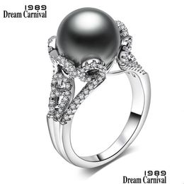 Anneaux de cluster Dreamcarnival1989 Marque Gris Big Perle Synthétique Avec Blanc Zircon Fleur Bague De Luxe Fête Pour Les Femmes Wa11564 Dhuyb