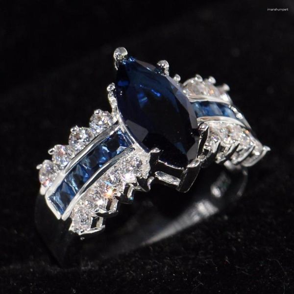 Anillos de racimo gota al por mayor joyería de lujo 925 plata esterlina azul claro cúbico circonio fiesta mujeres banda de boda anillo de dedo regalo