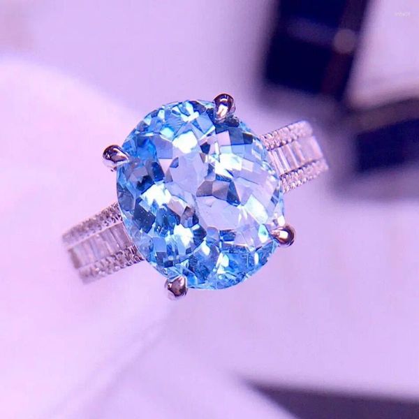 Bagues de cluster E2023 Bague d'aigue-marine Fine Bijoux Pure 18K Or Naturel 4.1ct Blue Gemstones Cadeaux d'anniversaire