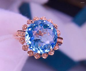 Clusterringen E422 Aquamarine Ring Fijne sieraden Pure 18K Goud Natural 5.8ct Blue Gemstones For Women Birthday Cadets