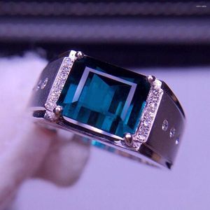 Bagues de grappe E426 Bijoux fins Véritable or pur 18 carats Tourmaline bleue naturelle Pierres précieuses 4.3ct Diamants Homme Mariage Homme
