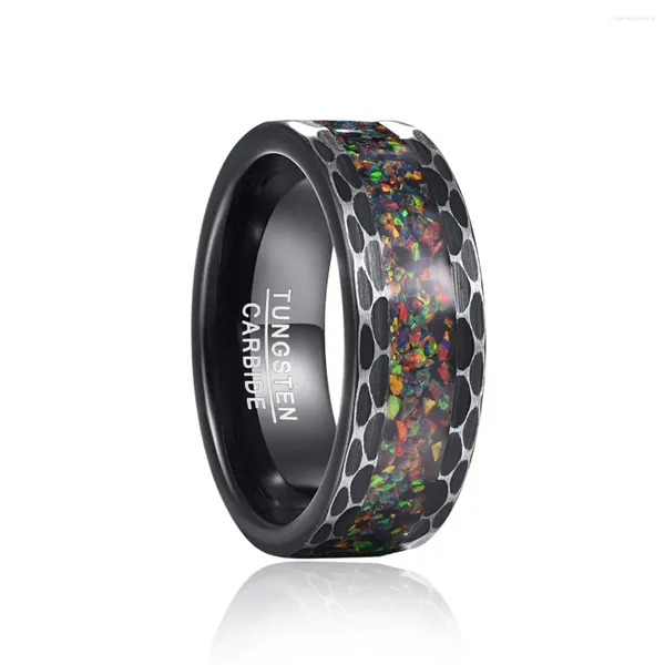 Anillos de racimo Borde Lote Flor Cepillado Con Incrustaciones Opal Anillo De Carburo De Tungsteno Para Hombres Carbono Negro Bague Homme Para Mariage Joyería De Boda