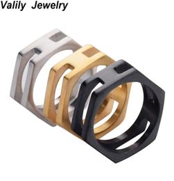 Cluster Rings Edglifu Fashion Men Ring For Women Punk Black Simple Hexagon Shape Finger Stainless Steel Geometric Design Jewelry8712864