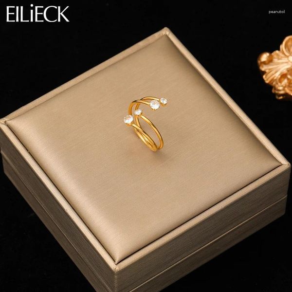 Anillos de racimo EILIECK 316L Acero inoxidable Blanco Zircon Cuff Anillo abierto para mujeres Chica Moda Dedo ajustable Regalo de joyería a prueba de agua