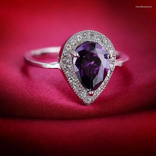 Anneaux de cluster élégant 925 argent sterling violet goutte d'eau cristal pour femmes mode mariée mariage anillos bijoux nickel gratuit