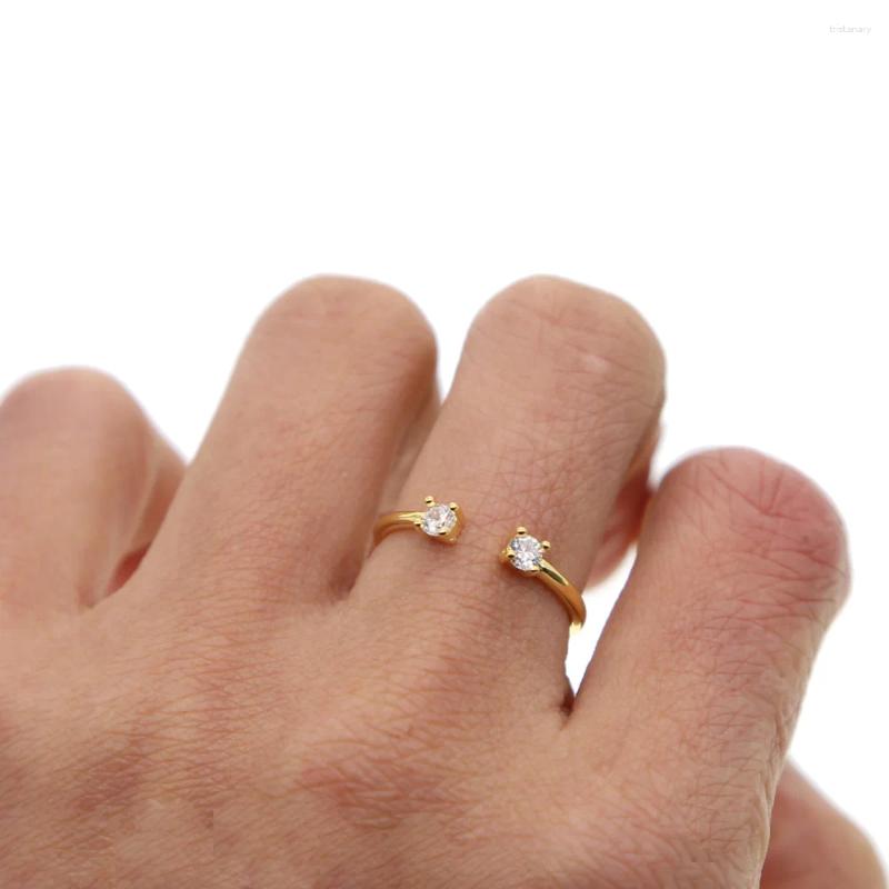 Anéis de cluster elegante ajustável fino cor de ouro anel de promessa 925 prata esterlina pavimentada dupla cz pedra delicada jóias presente de casamento