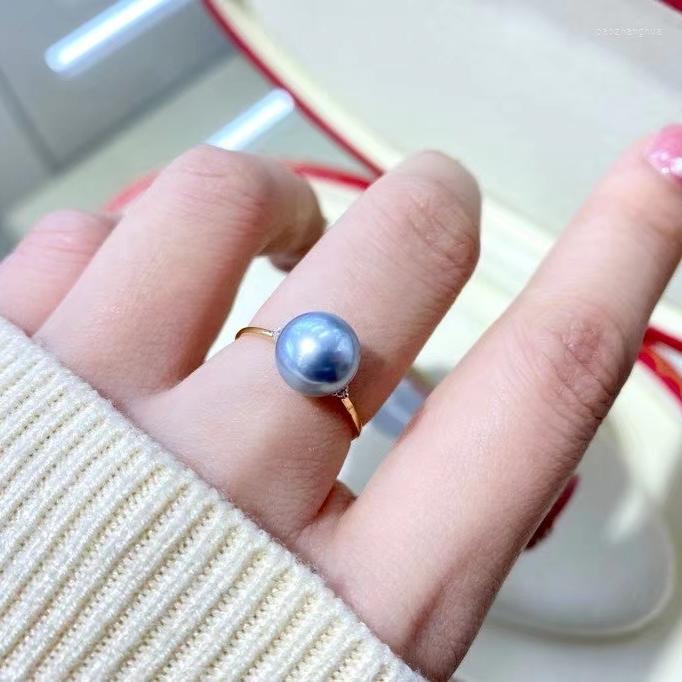 Cluster Rings Elegant G18k Gold Pearl Ring Natural Top Grade Akoya Grey Blue 8-9mm High Quality For Women Bridal Wedding Jewelry