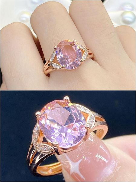 Anillos de racimo hojas elegantes talladas diamantes de cuarzo rosa piedras preciosas para mujeres bandas de cristal ostentosas 18k oro rosa joyería llena Bijoux