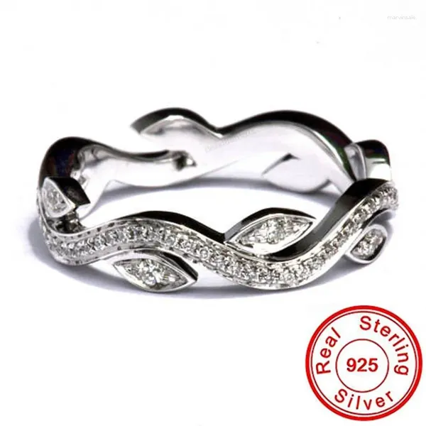 Cluster anneaux Elegant Leaves Lab Lab Diamond Ring Real 925 Band de mariage en argent sterling pour femmes Bridal Promise Engagement Bijoux