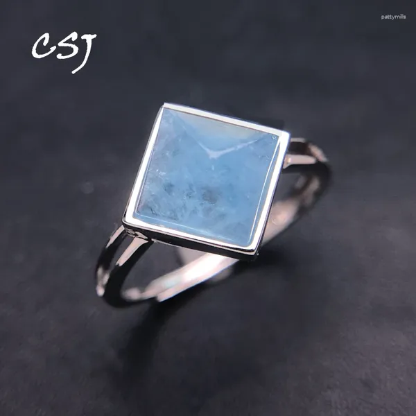 Cluster Anneaux Elegant Natural Aquamarine Ring 925 Sterling Silver Gemstone Square 8 mm Pagoda Coupue pour femmes Dame Birthday Party Bijoux Gift