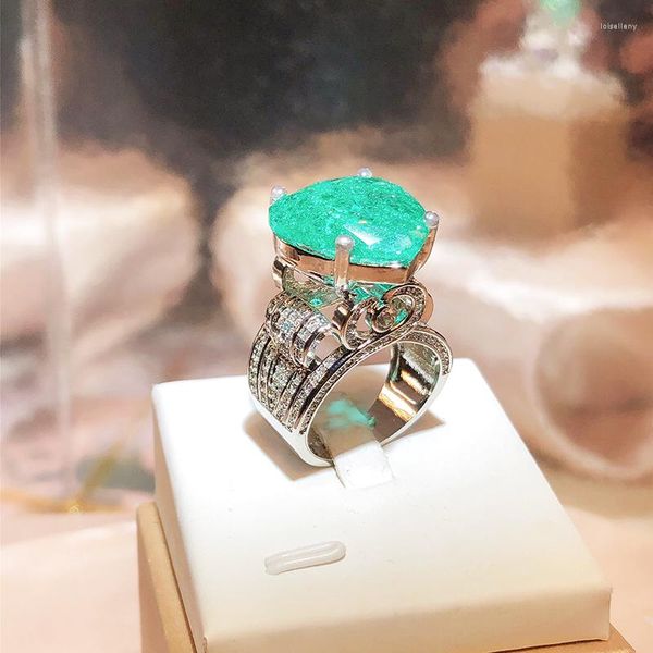 Anillos de racimo elegante Paraiba Esmeralda corazón completo diamante pareja anillo para mujer amante geométrico plateado San Valentín regalo fiesta