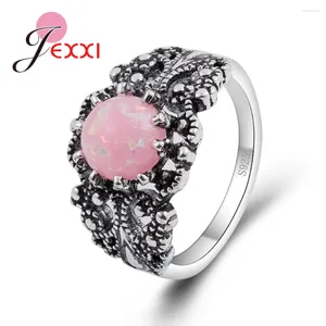 Clusterringen elegante ronde roze opaal voor vrouwen 925 sterling zilver ouderwetse retro bruiloft verlovingsring cadeau snel