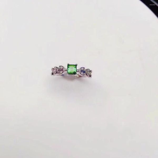 Anillos de racimo elegante anillo de hoja de plata con piedras preciosas 4 mm diópsido natural para niña 925 regalo de joyería