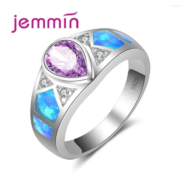Cluster anneaux élégants chutes d'eau pour femmes bijoux de mariage 925 bandes de fiançailles en argent sterling rinng withe blue opal