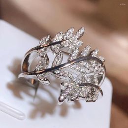 Cluster Rings Elegant Zirkon Leaf Ring Wedding Girl Cocktail Party 925 Shining Crystal Feather For Women Fashion Ladies Sieraden