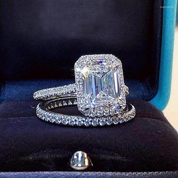 Anillos de racimo Corte esmeralda 2ct Lab Diamond Promise Ring Sets 925 Sterling Silver Compromiso Boda Banda para mujer Joyería de fiesta nupcial