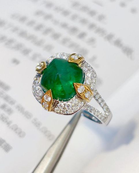 Anillos de racimo Anillo esmeralda 3.65ct Pure 18K Joyería de oro Piedra preciosa verde Diamante Femenino para mujeres Fino