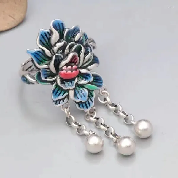 Bagues de cluster Émail Coloré Fleur de Lotus pour Femmes Vintage Craft National Style Élégant Pompon 925 Bague en Argent Showy Bijoux