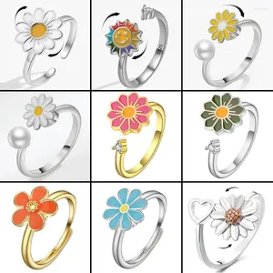 Anneaux de cluster Émail Daisy Fleur Anxiété pour fille Fidget Spinnerspinning Bague Femmes Accessoires de mode Bague Femme