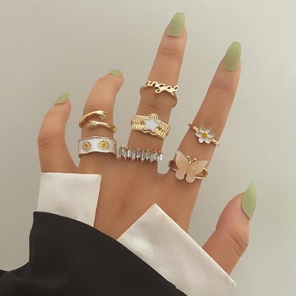 Conjunto de anillos de racimo de flores esmaltadas para nudillos para mujer, acrílico brillante, mariposa, Ángel, letra, abrazo, joyería de tendencia abierta para mujer